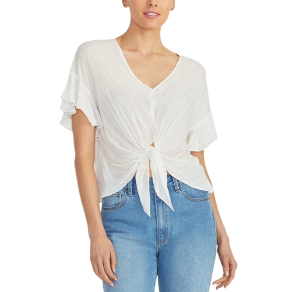 RACHEL Rachel Roy Tops - RACHEL Rachel Roy Womens Metallic Tie Front Blouse, White, Size M